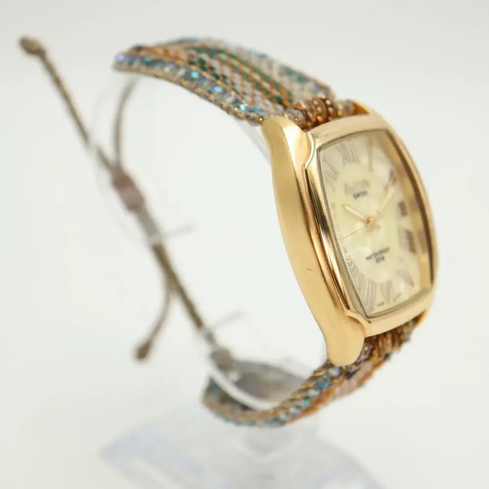 Activa Swiss Gold Tone Womens 33mm MOP Watch Custom Fabric Strap w New Battery